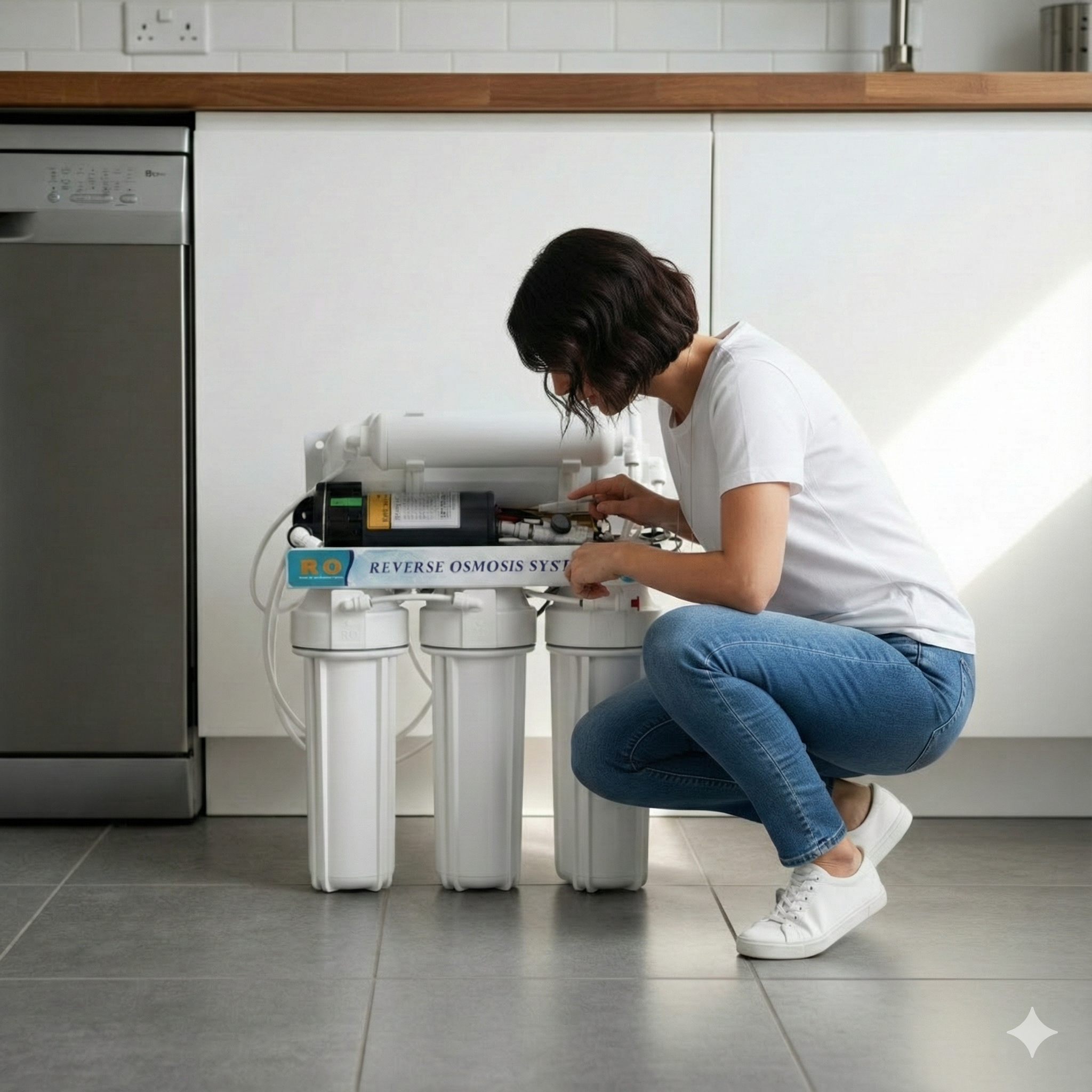 Osmoseanlage mit Pumpe vor dem Einbau in der Küche