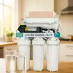 Umkehrosmoseanlage auf Küchentisch mit zwei Gläsern frischem Osmosewasser – modernes Reverse-Osmosis-System für reines Trinkwasser