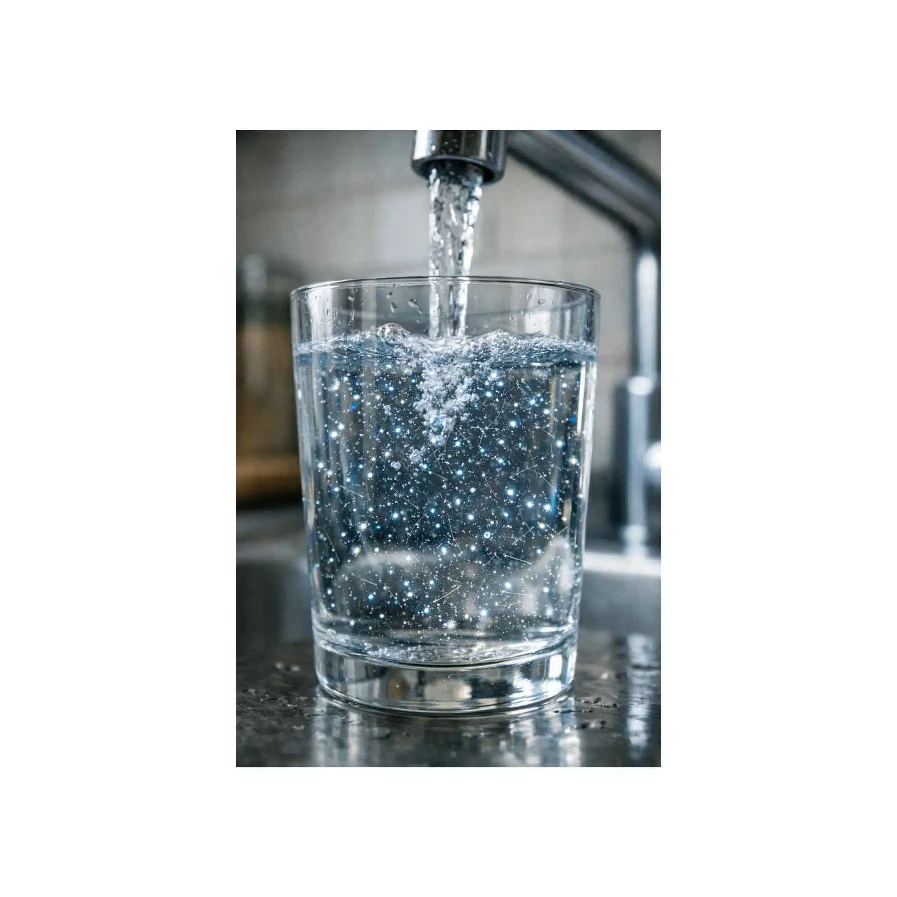 Mikroplastik aus Leitungswasser filtern Foto einer modernen Küche mit einem Glas Wasser, das unter einem Wasserhahn gefüllt wird, wobei winzige, leuchtende Mikroplastikpartikel im klaren Wasser sichtbar sind.